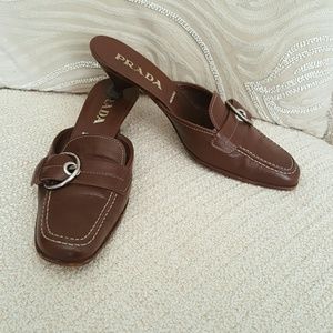 Prada brown leather buckle kitten heel mules